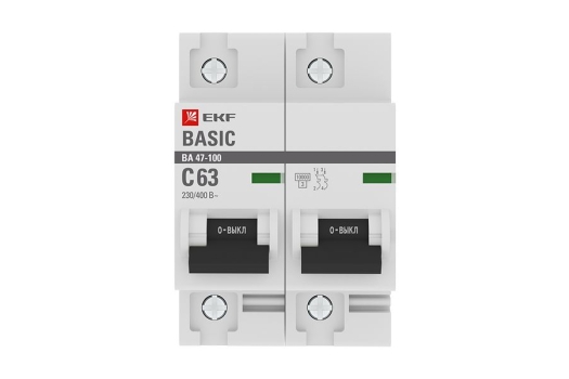 Автоматический выключатель 2P 63А (C) 10kA ВА 47-100 EKF Basic