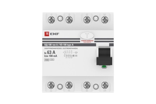 Устройство Защитного Отключения ВД-100 4P 63А/100мА (эл-мех, тип А) EKF PROxima