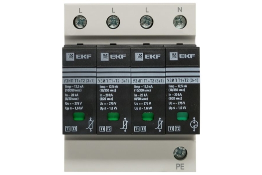 Устройство защиты от импульсных перенапряжений Т1+Т2; Iimp-12,5kA; In-20kA; Uc-275В; 3+1 EKF